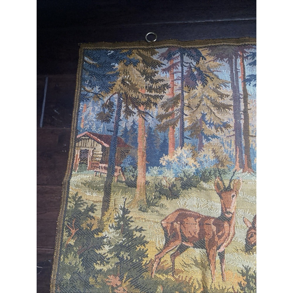 Vintage Deer Forrest Cabin Wall Hanging Tapestry 53 x 25" Hunting Scene - Picture 12 of 16